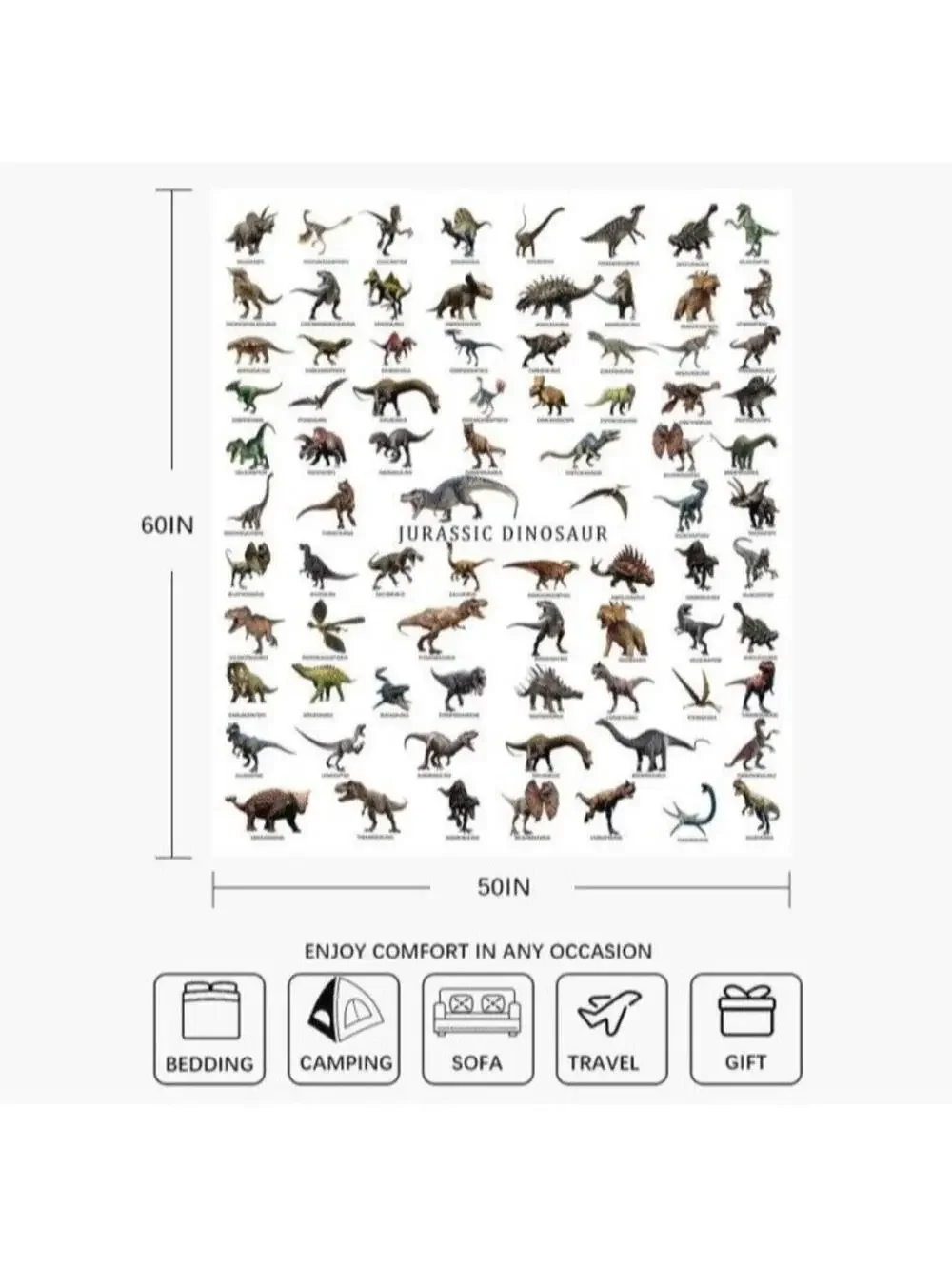 Jurassic Dinosaur Blanket Labeled for Learning Boys Kids Cover, White 50x60, New